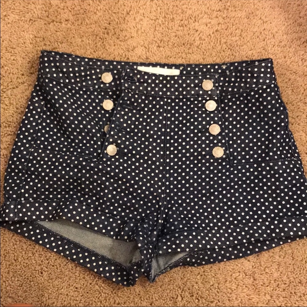 DENIM POLKA DOT BUTTON DETAIL HIGH WAISTED SHORTS